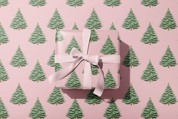 Christmas Holiday Wrapping Paper Pink and Green Trees Pastel Christmas