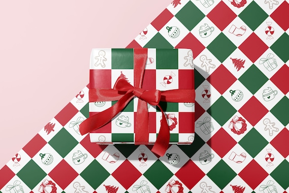 Christmas Gift Wrapping Paper Sheets Checkerboard Candy Cane