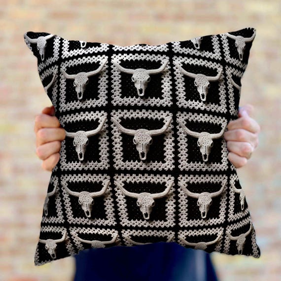 Granny Square Throw Pillow Western Bull Skull, Western Gothic Home Decor Western Cowboy decor, Western Longhorn Bull Masculine Decor