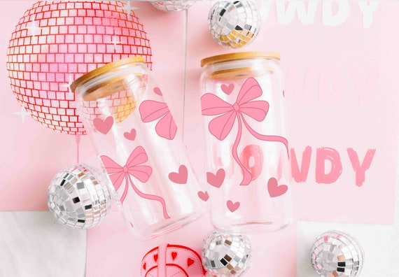 Pink Bow Cup DISHWASHER SAFE Coquette Cup, 1 Cute Bow Heart Glass 16 oz Tumbler with Lid Girly Aesthetic Gift for Mom Sister Best Friend
