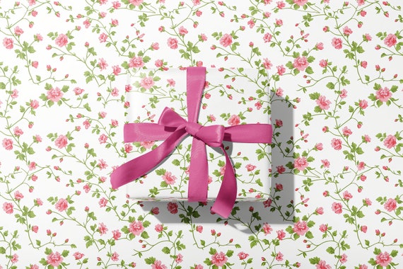 Toile Rosebud Luxury Gift Wrapping Paper | Floral Pink Green Traditional Preppy Aesthetic Gift Wrap | chinoiserie floral Feminine Paper