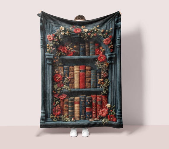 Reading Nook Decor Throw Blanket, Bookshelf Minky Blanket Literary Girl Gift