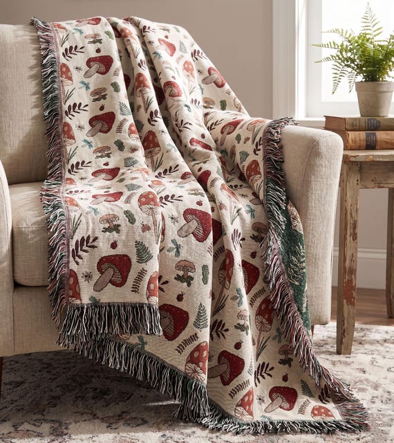 Mushroom Forest Woven Cotton Throw Blanket, Cottagecore Woodland Home Decor