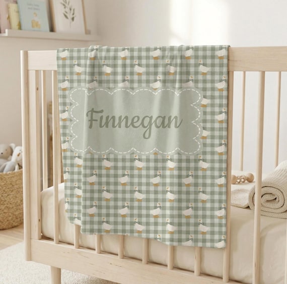 Personalized Goose Baby Blanket, Custom Name Minky Fleece, Sage Green Gingham Nursery Blanket, Baby Shower Gift