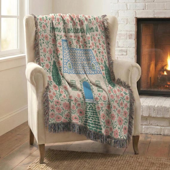Personalized Woven Cotton Throw Blanket | Cottage Floral Home Decor Folk Art Illustration for Mother's Day Gift