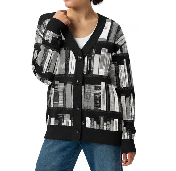 Book Cardigan Sweater Gift for Book Lover Readers, Button Up Knit Sweater Dark Academia Library Aesthetic Black and White