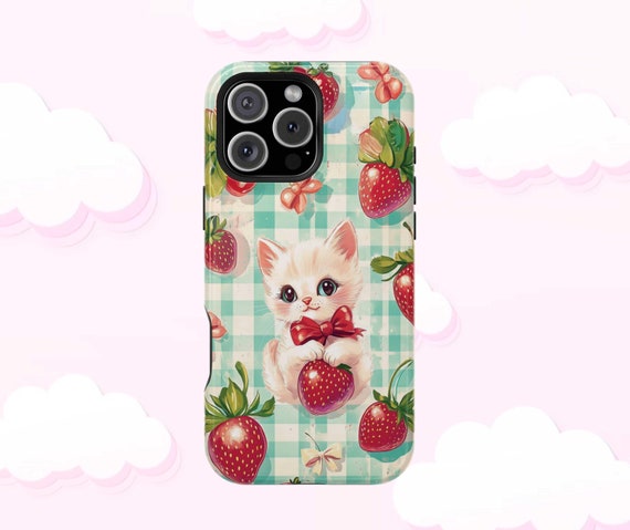 Wireless Charge Phone Case compatible iPhone 13 14 15 16 Max Pro, Collage Phone Case, Girly Cottagecore Aesthetic Retro Strawberry Kitten