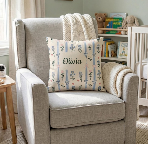 Personalized Name Pillow | Floral Bow Coquette Design | Baby Shower Gift | Nursery Decor