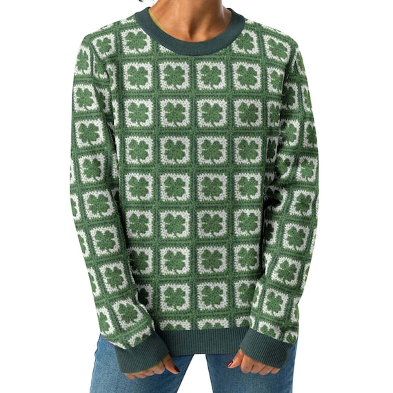 Shamrock Sweater, St Patrick's Day Outfit Irish Clover Knit Pullover, UNISEX Men Women Granny Square Crewneck, Retro 4 Leaf Clover Knitwear