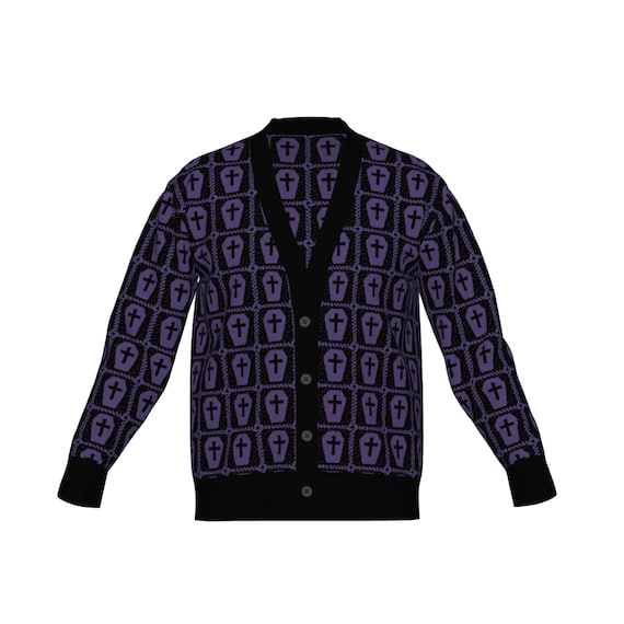 Gothic Coffin Knit Cardigan Sweater Black White Granny Square Button Up Sweater Fashion Goth Witchy Clothing Dark Academia