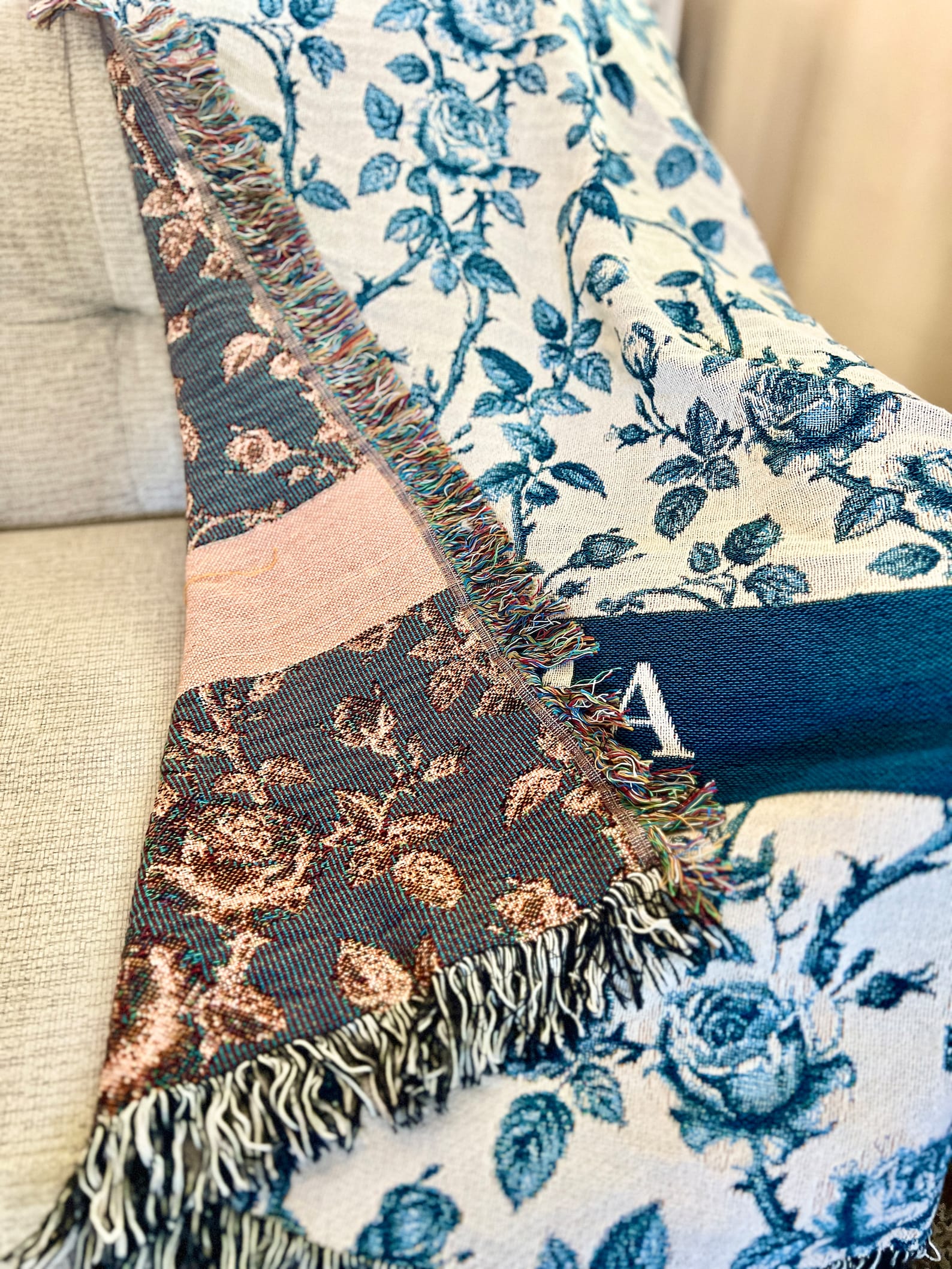 Personalized Woven Throw Blanket, Blue Toile Chinoiserie Floral Rose ...