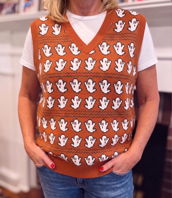 Halloween Vest, Fair Isle Ghost Sweater Vest, Cute Pixel Ghost Knit Vest, Cozy Retro Spooky Vest, Unisex Halloween Gift