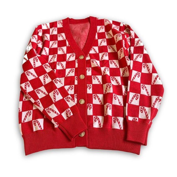 CHRISTMAS KNIT CARDIGAN Sweater,  Checkered Candy Cane Christmas Holiday Cozy Cardigan Button Up