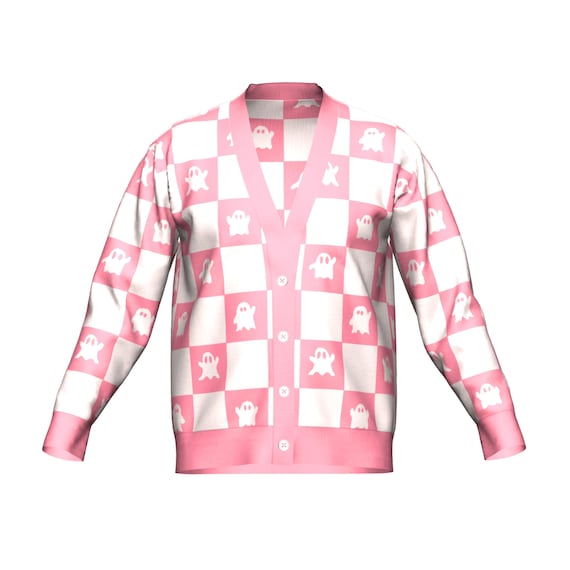 Pink Ghost Cardigan Sweater Pastel Halloween Knit Ghost Crewneck or Sweater Vest, Y2k Checkered Fall Knitwear Sweater Cozy Gift 2xs to 3x