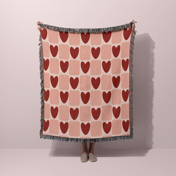 Checkered Hearts Woven Throw Blanket | Anniversary Gift Valentines Gift for Wife  Trendy Rustic Cozy Gift Granny Square Inspired Checker