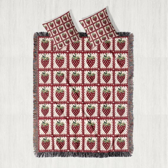 Pillows and Throw Blankets Set Woven Strawberry Granny Square Cottagecore Home Decor Gift, Matching Cozy Pillow & Throw Blanket