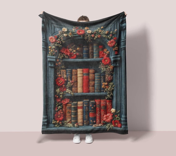 Reading Nook Decor Throw Blanket, Bookshelf Minky Blanket Literary Girl Gift
