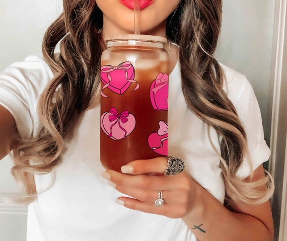 Candy Heart and Bow Glass Can Drink Tumbler, Dishwasher Safe 16 ounce Iced Coffee Glass Roommate Gift Coquette Aesthetic Bows Girly Pink