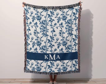 Monogram Woven Throw Blanket Blue White Chinoiserie Floral