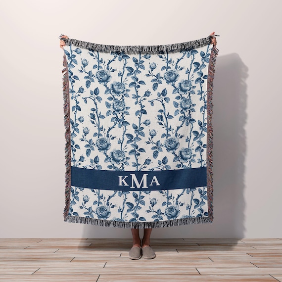 Personalized Woven Throw Blanket, Blue Toile Chinoiserie Floral Rose Blanket with Monogram