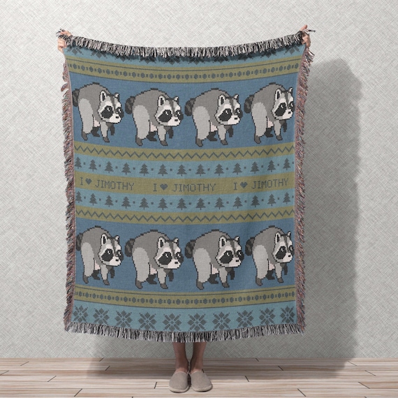 Jimothy Raccoon Blanket, Woven Blue Cotton Throw with Fair Isle Pattern, Funny Gift