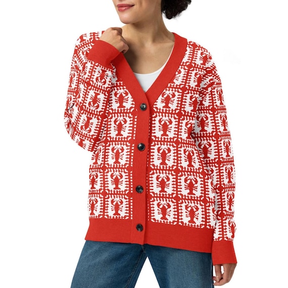 Lobster Sweater Unisex Button Up Cardigan, Granny Square Knit Sweater, Coastal Lightweight Winter Knitwear