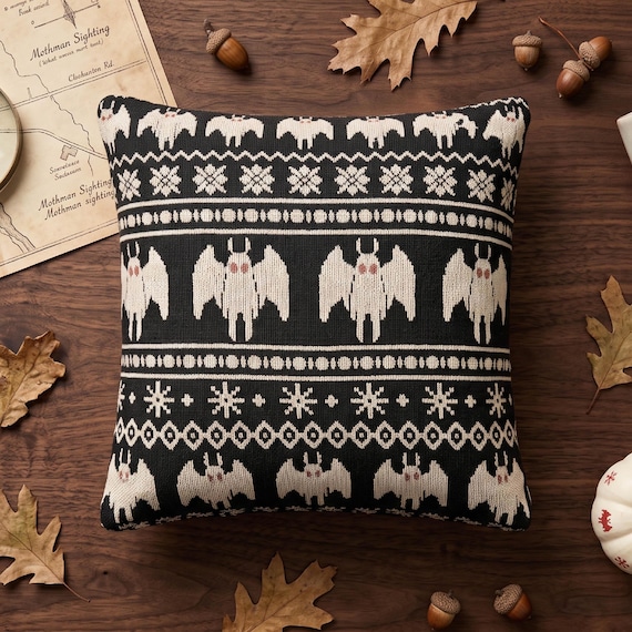 Mothman Cryptid Throw Pillow, Woven Cotton Blend Fair Isle Pattern, Fall Folklore Decor Accent Cushion