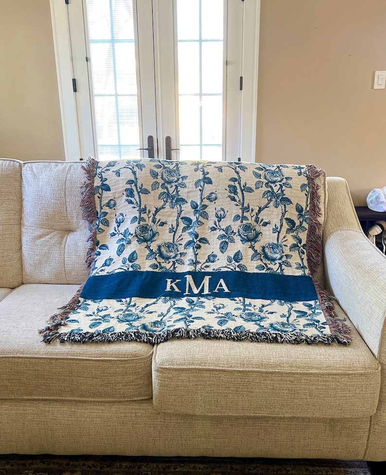 Personalized Woven Throw Blanket, Blue Toile Chinoiserie Floral Rose ...