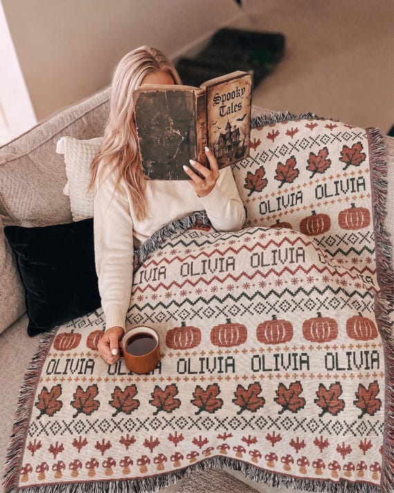 Personalized Fall Woven Blanket Thanksgiving, Hostess Gift Autumn Home Decor Cottage Living Room Throw Pumpkin Harvest Blanket