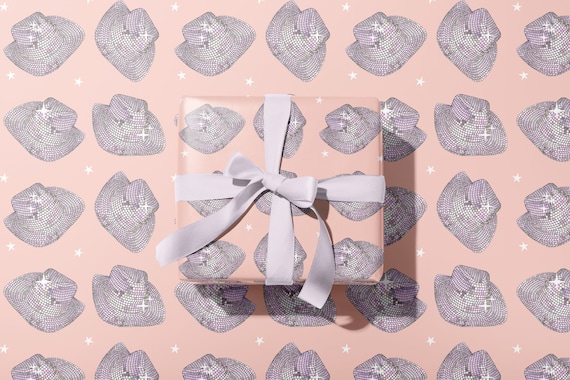 DISCO COWGIRL HAT Wrapping Paper Disco Ball Theme| Mirrored Ball Hat | Cute Rolled Gift Wrap Sheets | Birthday, Bachelorette, Nashville