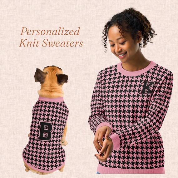 Personalized Knit Sweater Set, Dog Mom Matching Preppy Houndstooth Varsity Monogram