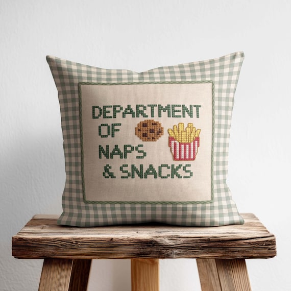 Sage Green Gingham Pillow Cover, Department of Naps Snacks Accent Cushion