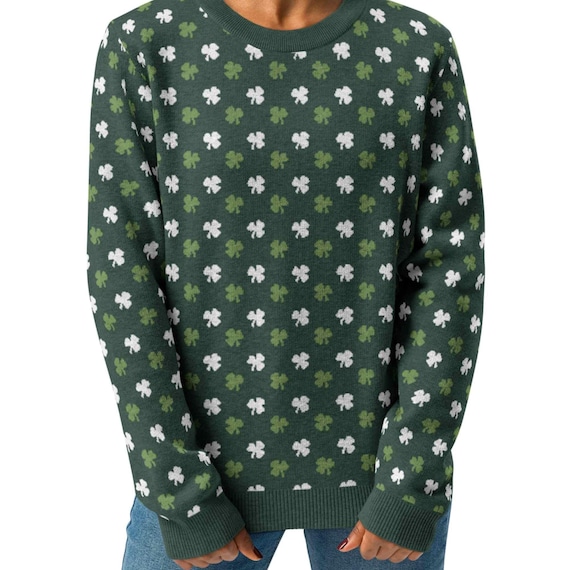 St Patrick's Day Sweater, Knit St Paddy's Outfit Irish Clover Pullover, UNISEX Men Women Clover Crewneck, Lightweight Celtic Party Apparel