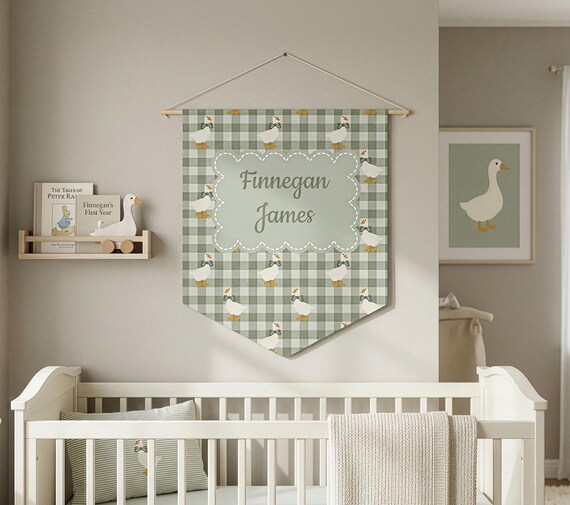 Personalized Nursery Pennant | Baby Name Wall Banner | Goose Gingham Nursery Decor