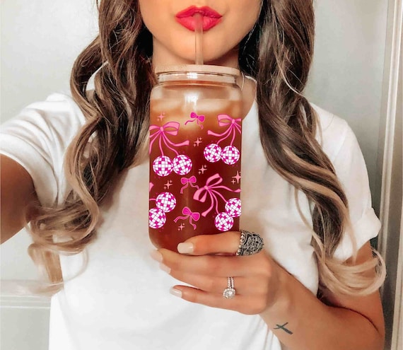 Disco Balls And Bows Glass Can Tumbler | Dishwasher Safe 16 oz Glass Cup | Valentine's Day Gift | Coquette Girl, Retro Pink Bows, Preppy