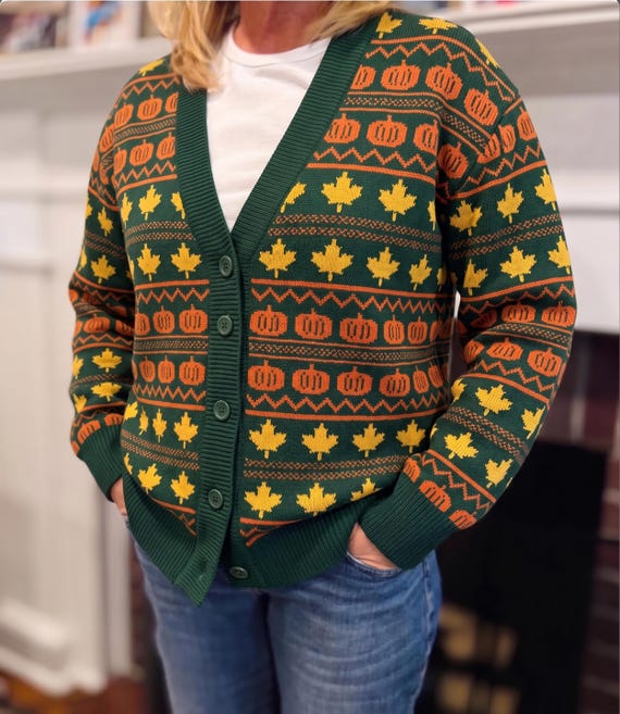 Fall Pumpkin Knitted Cardigan Sweater Green Fair Isle Maple Leaf Knit, Cottagecore Autumn button up