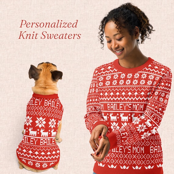 Matching Dog and Owner Christmas Sweater, Personalized Pet Name Knit, Crewneck or Cardigan, Adoption Day Gotcha Day Dog Gift