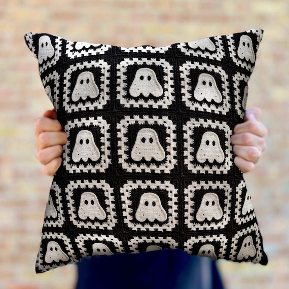 Cute Ghost Pillow, Halloween Pillow Woven Throw Pillow, Black White fall decor, Granny Square aesthetic, gift for goth, spooky season gift