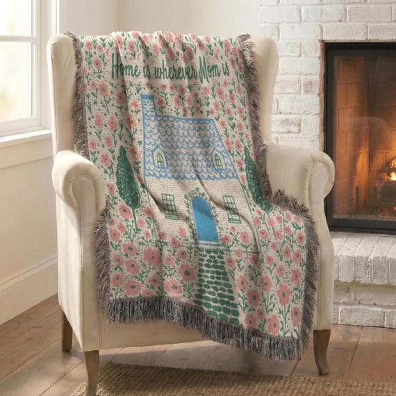 Personalized Woven Cotton Throw Blanket | Cottage Floral Home Decor Folk Art Illustration for Mother's Day Gift