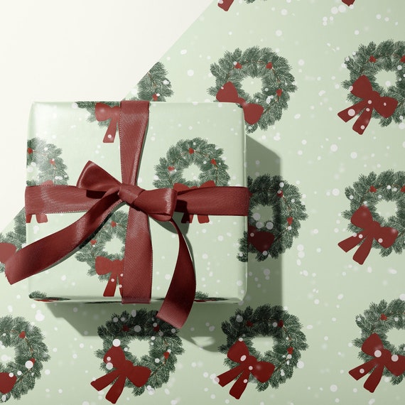 Christmas Holiday Wreath Gift Wrapping Paper - Light Mint Green Classic Design