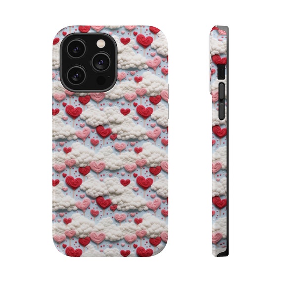 3D Phone Case Design MagSafe Phone Case Hearts and Clouds | Pink Red White Pastel Phone Case Works with iPhone 15 14 13 Pro Plus