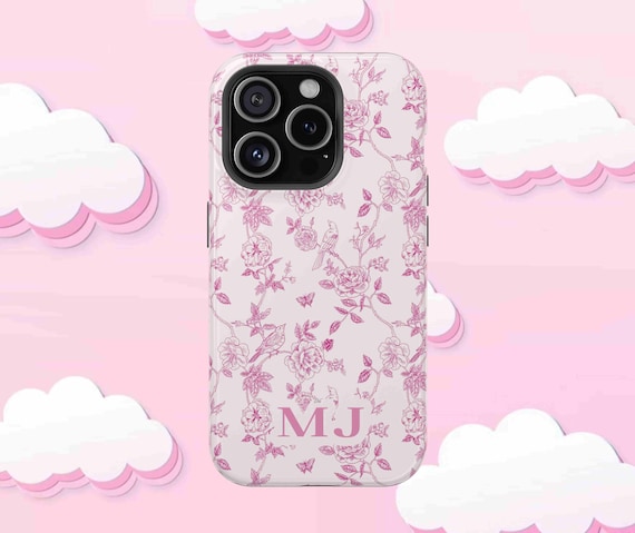 Custom Coquette Phone Case Pink Rose Chinoiserie Toile works with iPhone 13 14 15 16 Pro Max, MONOGRAM Personalized Phone Cover Pink