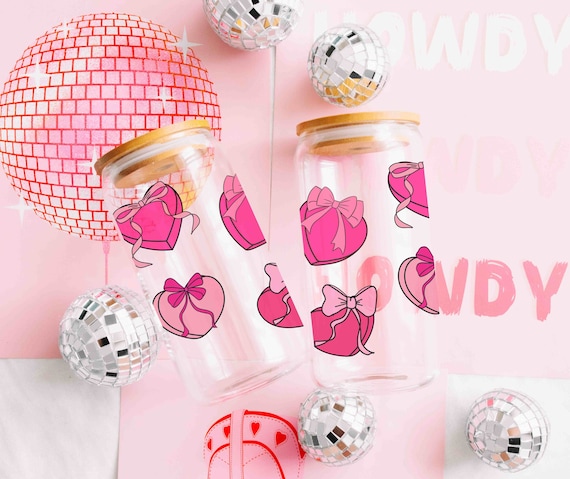 Candy Hearts Bows Drink Tumbler, Iced Coffee Glass Can Valentine Gift Coquette Aesthetic Bows Girly Pink Libby Glass Cute Drinkware