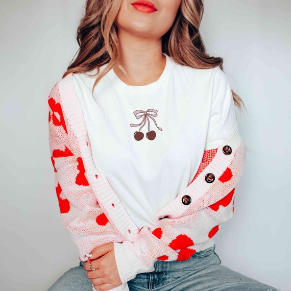 Embroidered Cute Cherry Shirt Coquette Bow Cherries Girly Aesthetic Y2K Trendy t shirt, girly shirt,  Gift for girlfriend wife sister