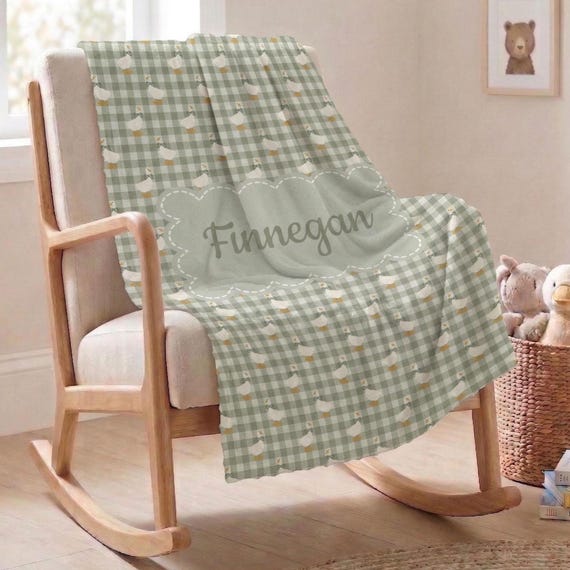 Personalized Goose Baby Blanket, Custom Name Minky Fleece, Sage Green Gingham Nursery Blanket, Baby Shower Gift