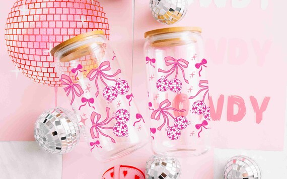 Disco Balls And Bows Glass Can Tumbler | 1 Dishwasher Safe 16 oz Glass Cup | Valentine's Day Gift | Coquette Girl, Retro Pink Bows, Preppy