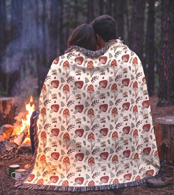 Mushroom Forest Woven Cotton Throw Blanket, Cottagecore Woodland Home Decor