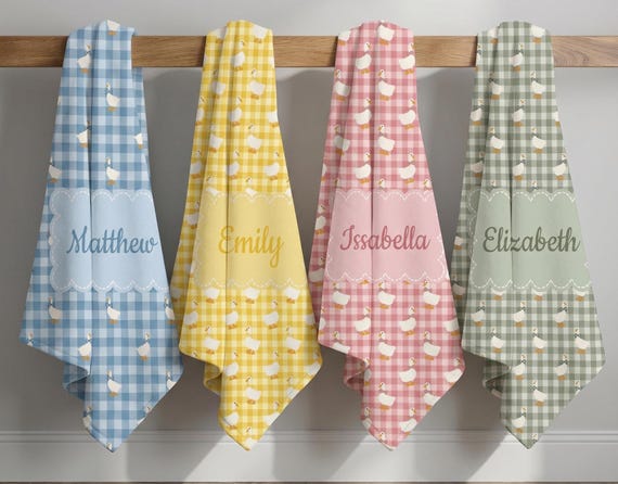 Personalized Gingham Goose Baby Blanket, Custom Name Nursery Fleece, Baby Shower Gift