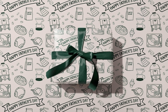 Father's Day Wrapping Paper, Modern Hobby Coffee Vinyl Record Hobby Icons, Gift Wrap for Dad