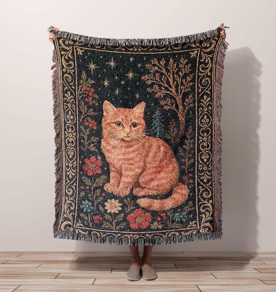 Cat Tapestry Blanket Woven Cotton Throw, Tabby Cat Blanket Celestial Stars Floral Art, Cozy Gift for Cat Lover, Orange Cat Tapestry Wall Art